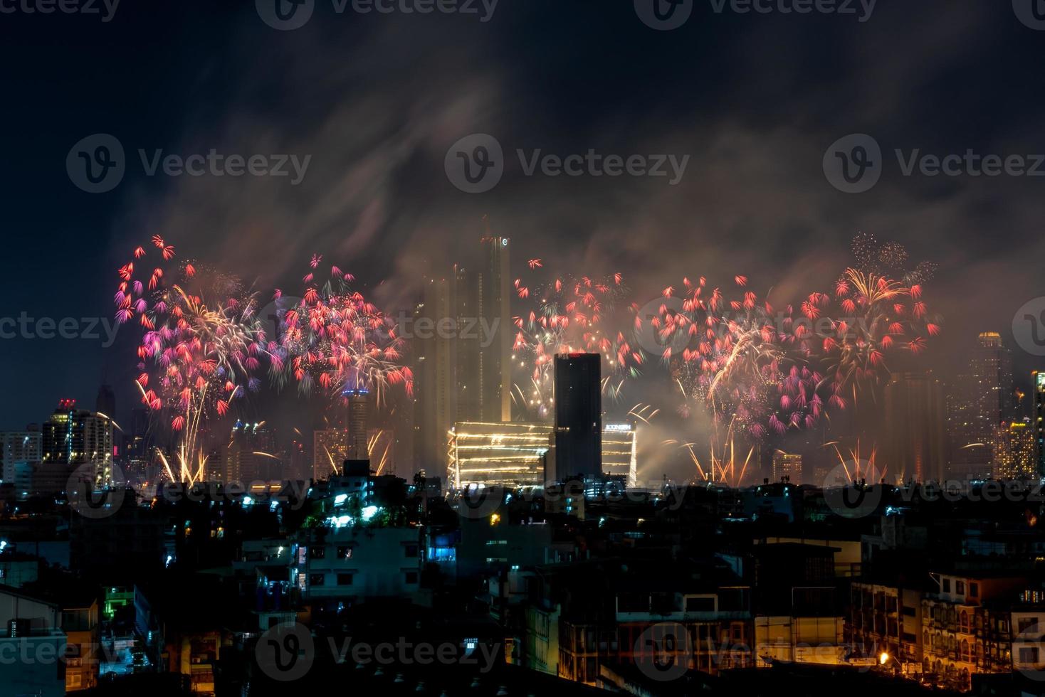 fireworks on the river in the dark sky, happy new year 2023, Thailand. photo