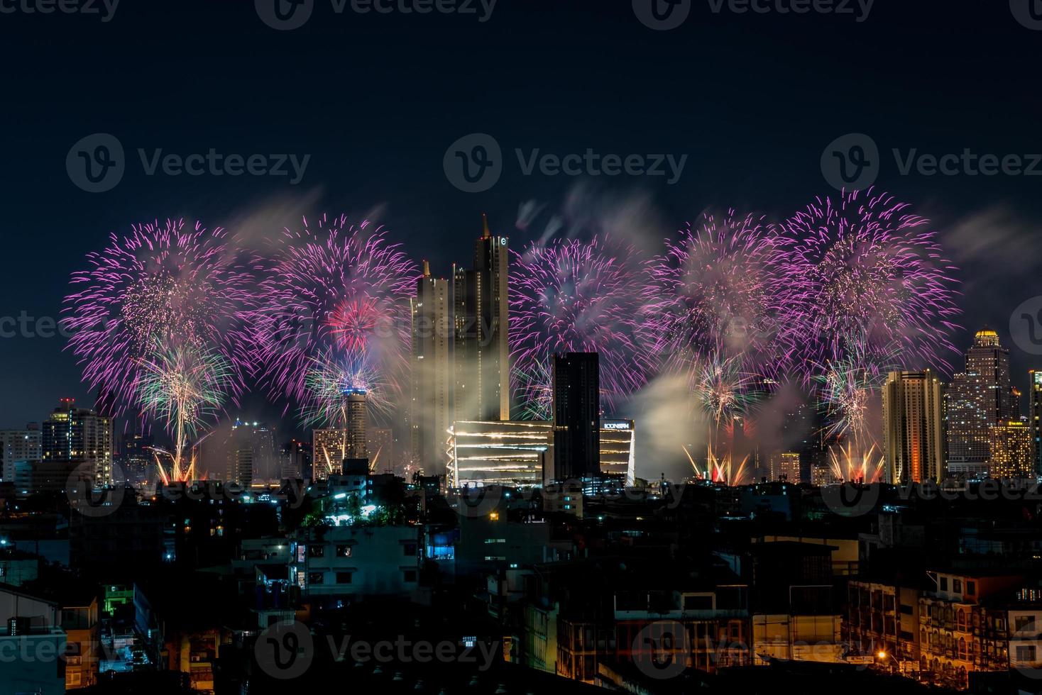 fireworks on the river in the dark sky, happy new year 2023, Thailand. photo