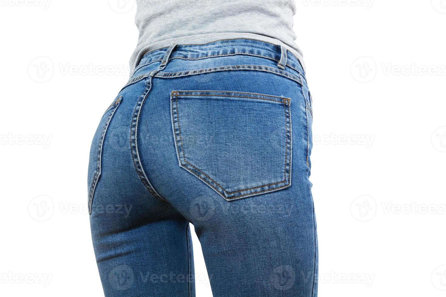 Fit female butt in jeans, Stylish jeans on slim woman back view