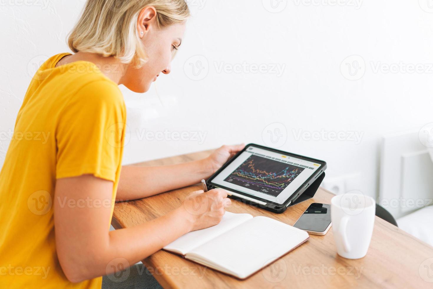 Young blonde woman in yellow t-shirt studies cryptocurrency charts and stock quotes on digital tablet with cup of tea in kitchen at home photo