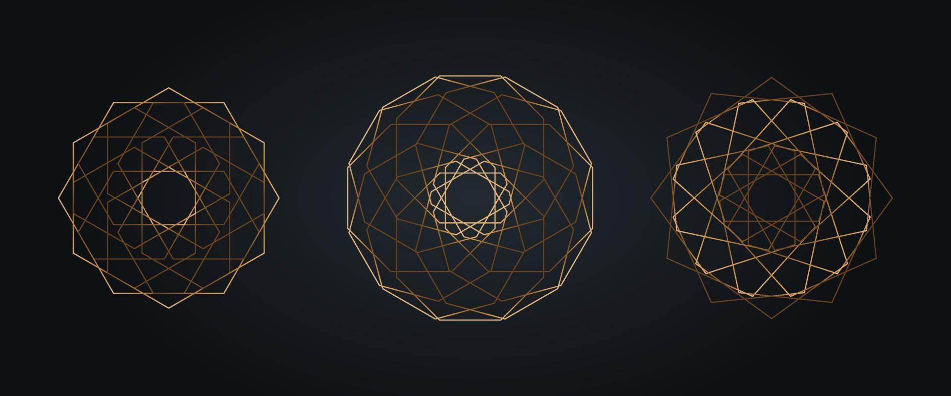 Set gold Sacred Mandala, Luxurious Abstract Geometric Golden circle Mandala Logo Concept Vector Set Bundles, Sacred Geometry isolated on black background