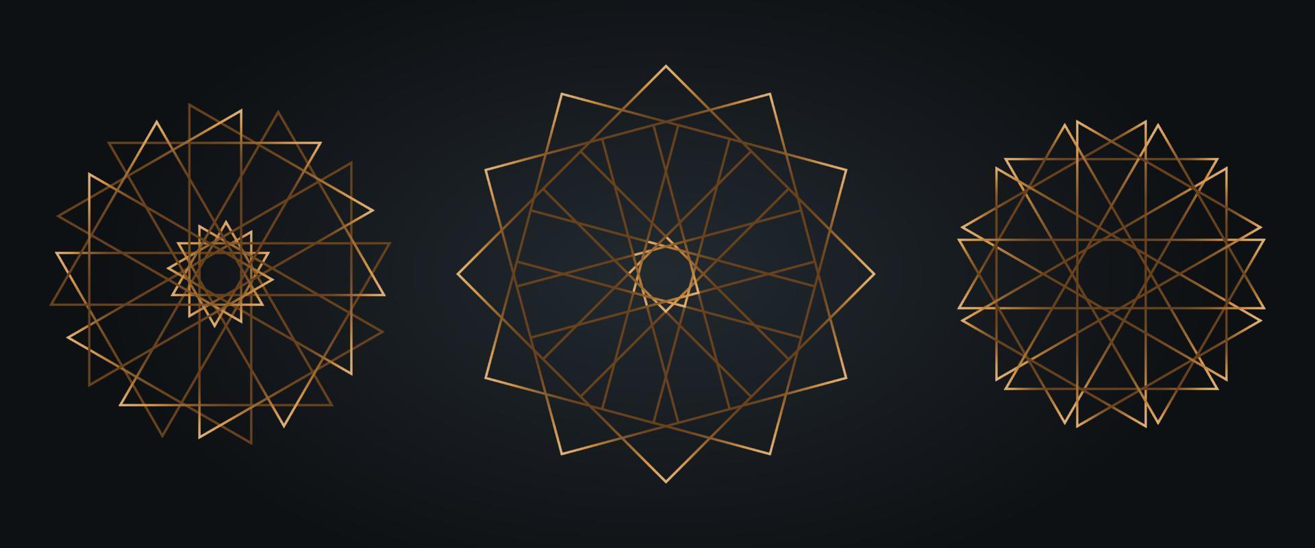 establecer mandala sagrado de oro, lujoso círculo dorado geométrico abstracto mandala logo concepto vector set paquetes, geometría sagrada aislada sobre fondo negro