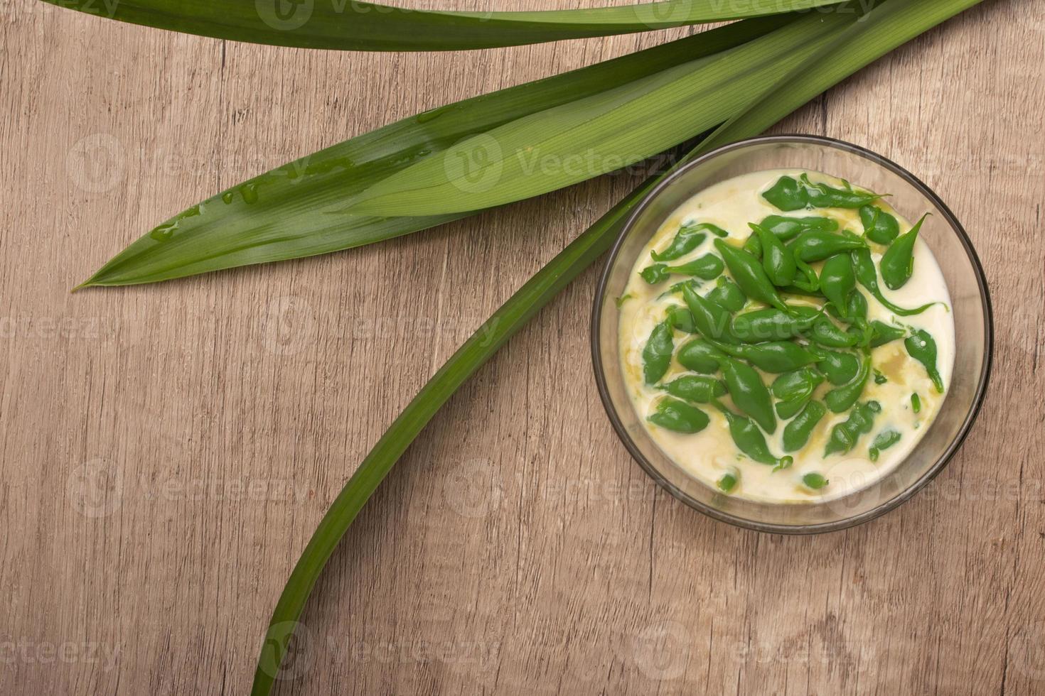 Lod Chong green pandan leaves in coconut milk.Thai dessert. photo