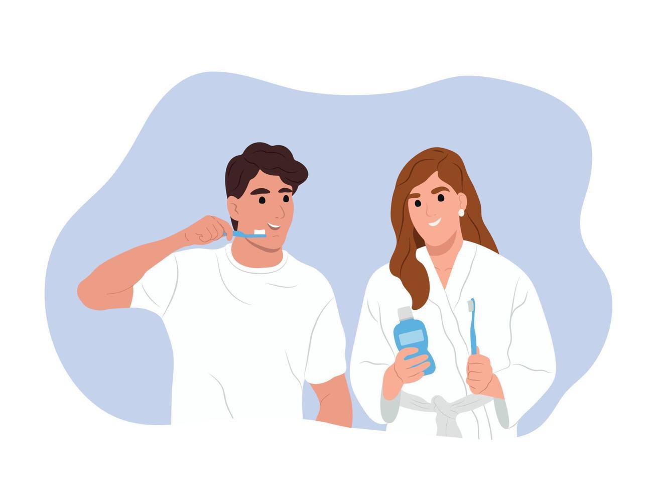 World Oral Health Day. Young smiling man and woman taking care of their teeth and oral cavity. The family takes care of the health of their teeth and gums. vector