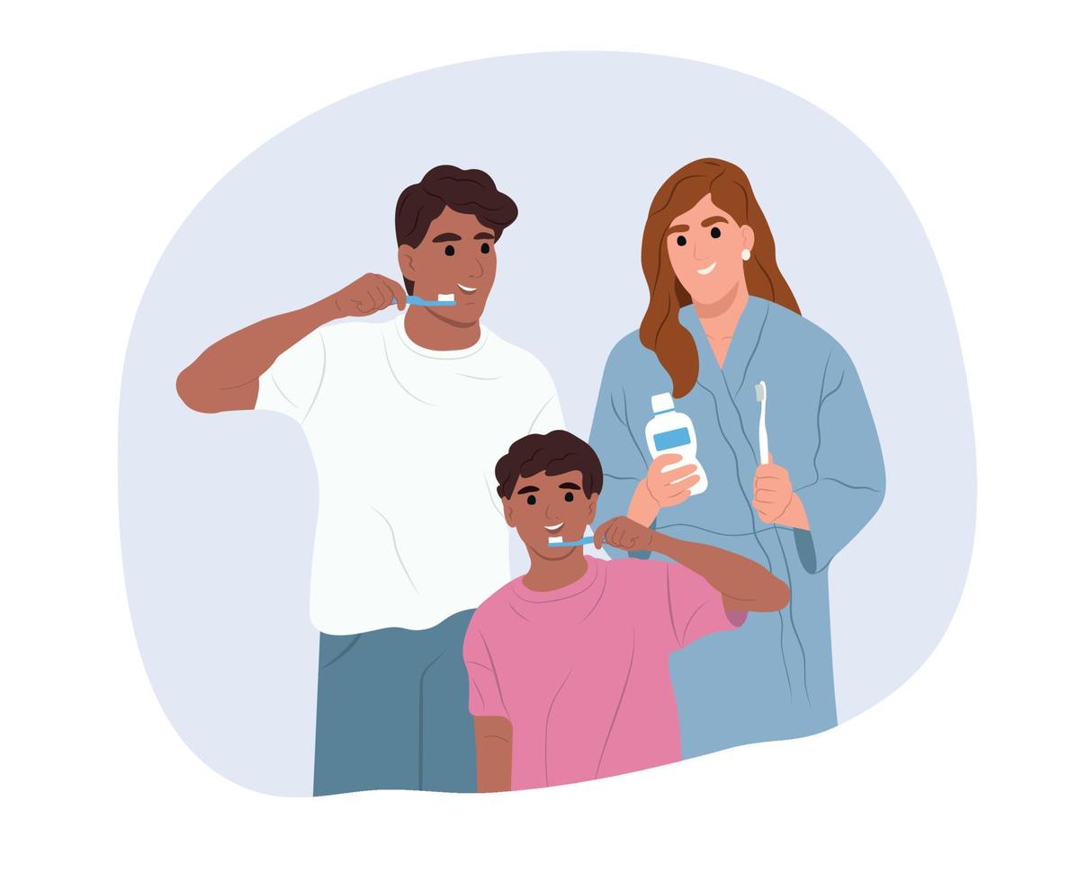 día mundial de la salud bucodental. la familia afroamericana cuida la salud de sus dientes y encías. ilustración plana vectorial vector