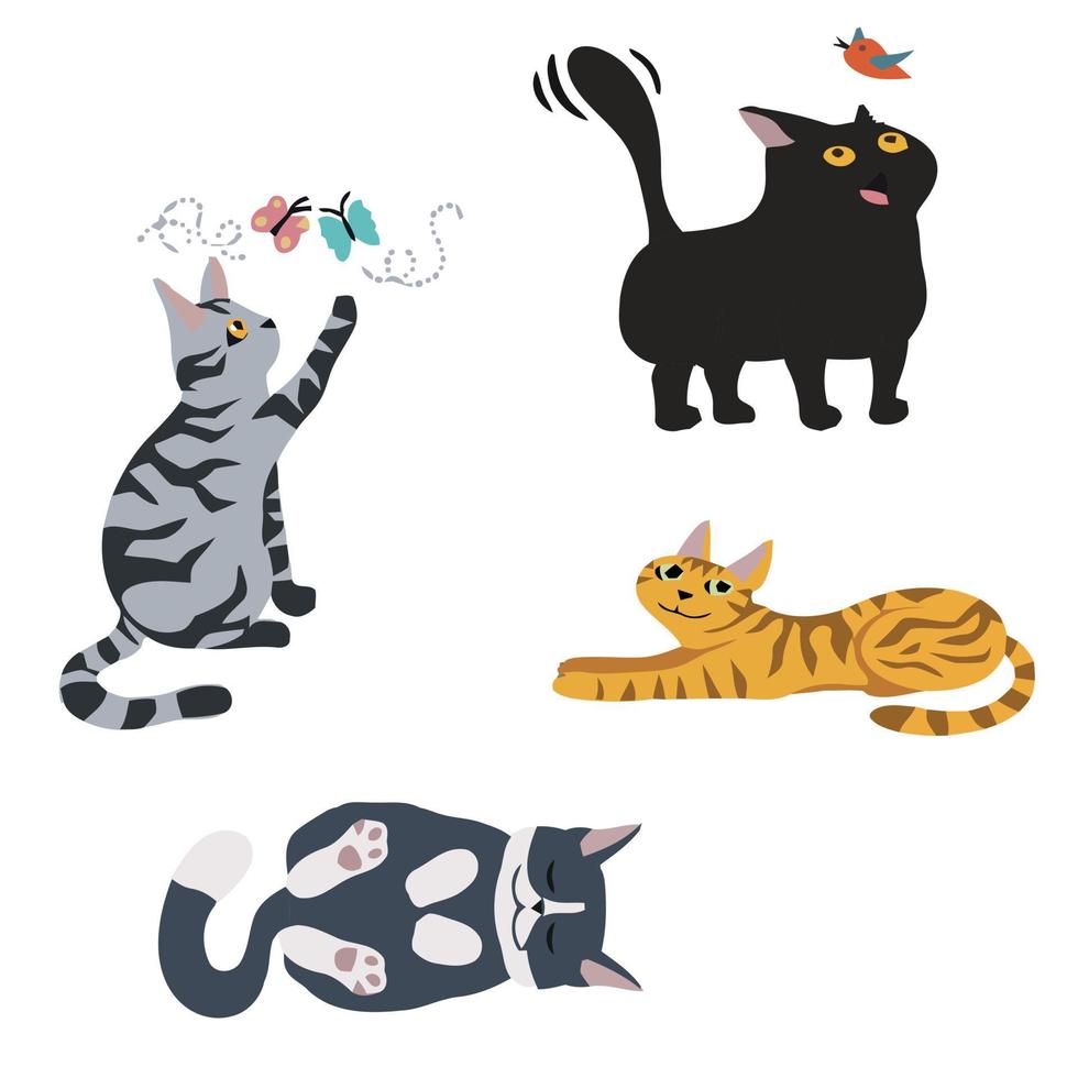 lindos y divertidos gatos de garabatos vectoriales juntos. colección de diseño de personajes de gatos o gatitos de dibujos animados en diferentes poses. conjunto de animales de pura raza aislados en un fondo blanco. vector