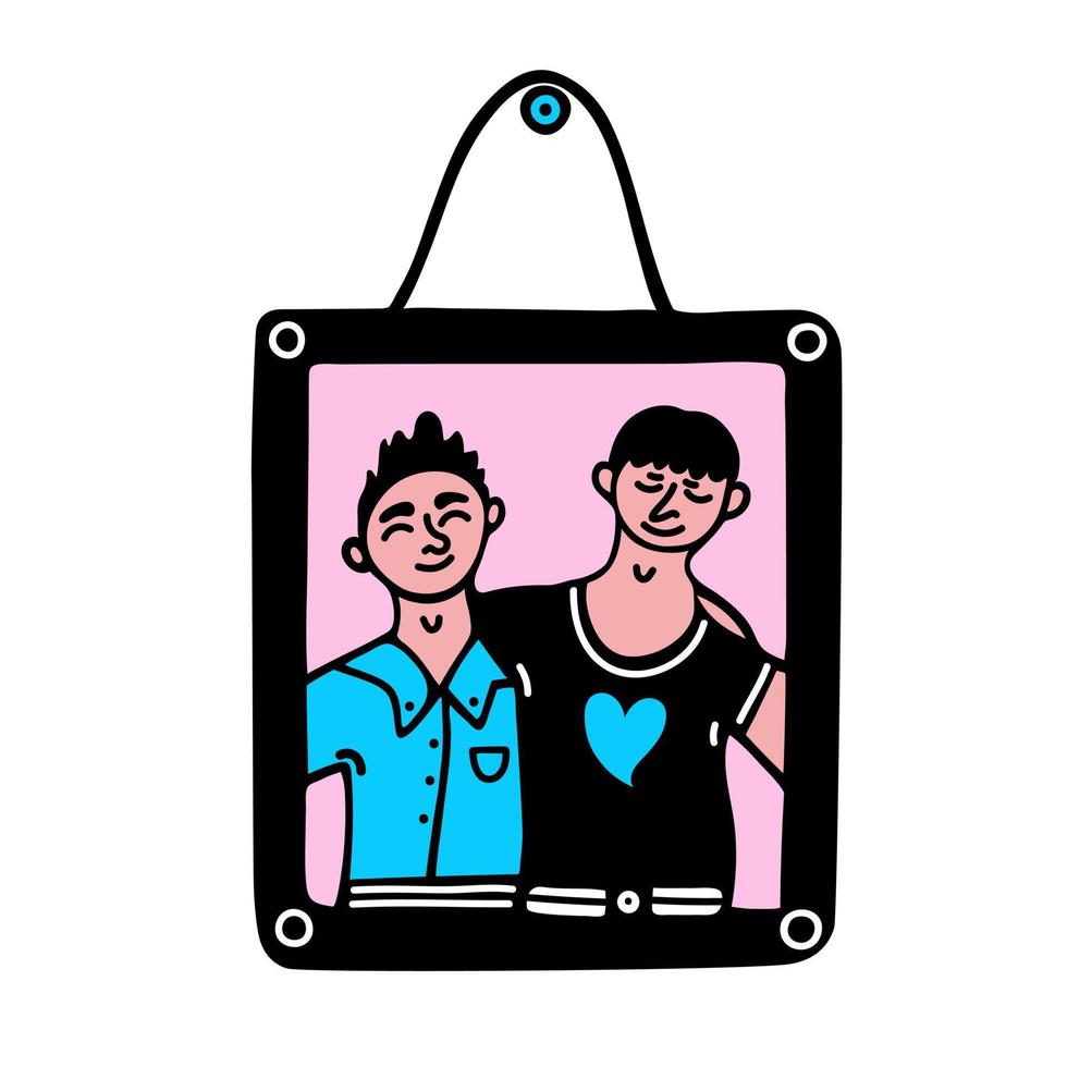 marco de fotos con un retrato de chicos. icono de vector de color simple. una foto con una pareja de amigos o amantes, gays. dos chicos abrazándose, sonriendo. clipart de dibujos animados para impresiones, carteles. aislado en blanco