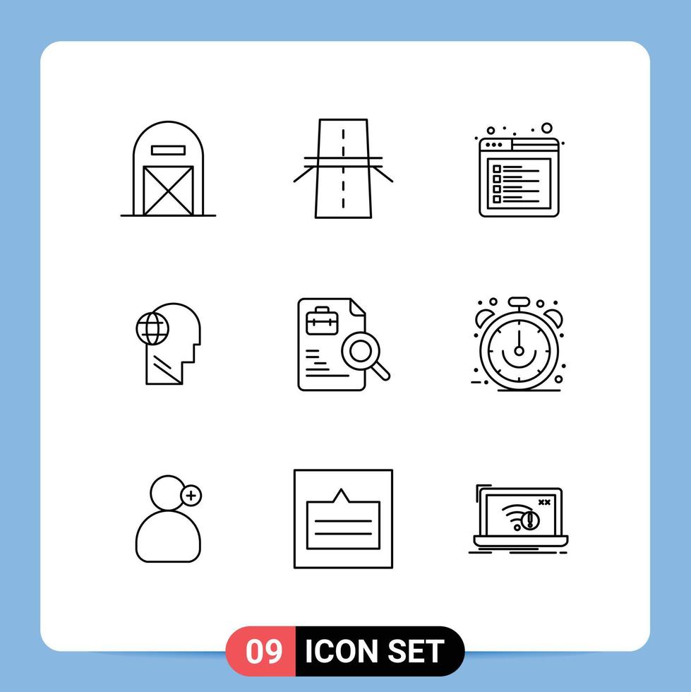 Mobile Interface Outline Set of 9 Pictograms of mind globe grid business tab Editable Vector Design Elements