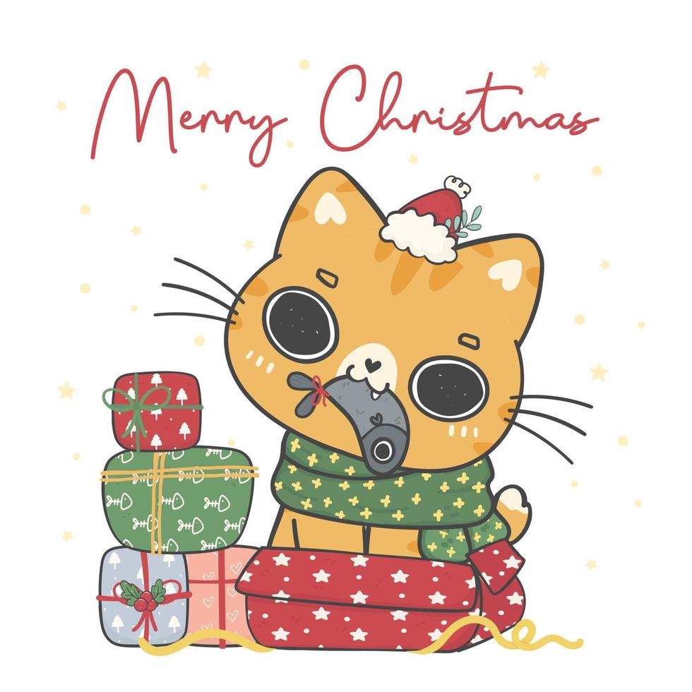 cute Ginger orange kitten cat with Christmas present gift fish standing in pink gift box, Meowy Christmas, adorable joyful cartoon animal hand drawing vector