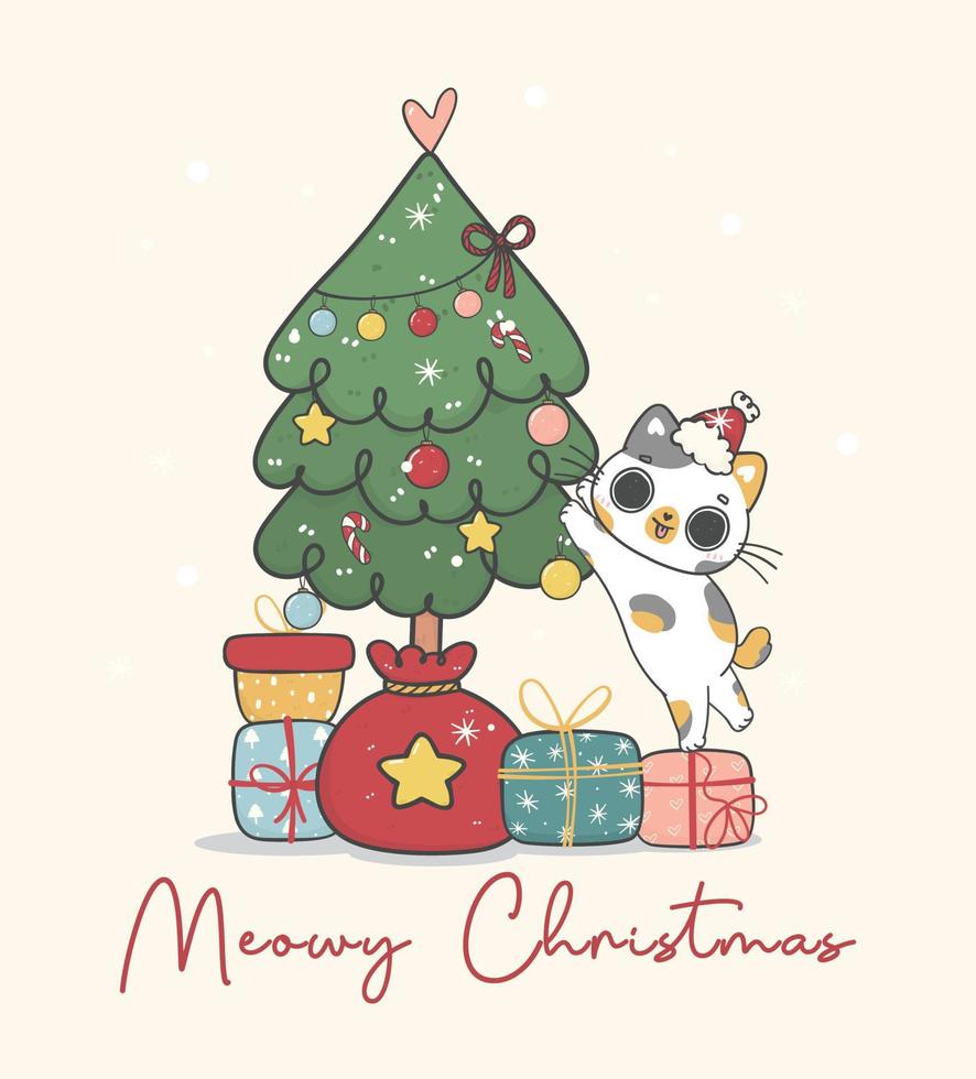 cute naughty calico kitten cat standing decorating a Christmas pine tree, merry catmas, cartoon animal character hand drawing doodle vector idea for greeting card