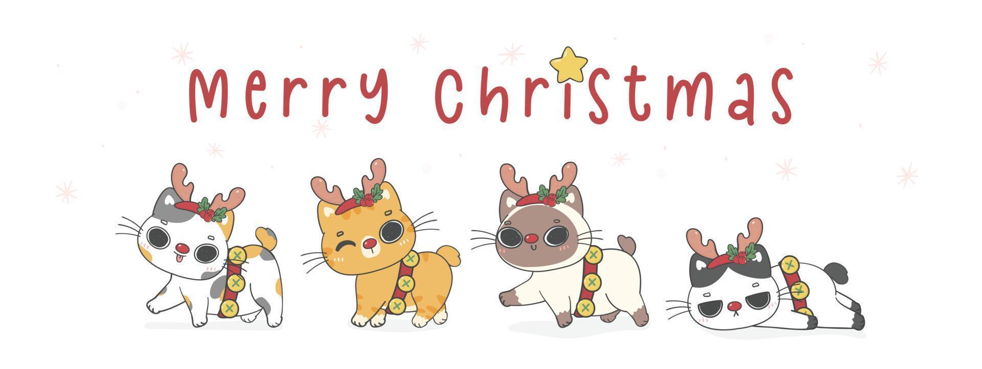 grupo de lindos gatos gatitos con dibujo a mano de dibujos animados de cornamenta de reno chirstmas, feliz navidad, banner de vector de ilustración plana