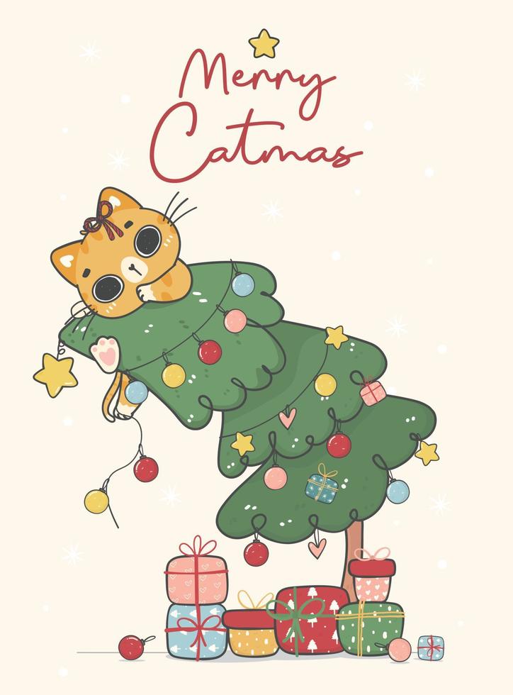 cute funny naughty oragne ginger kitten cat  hanging on Christmas decorated pine tree, merry catmas, cartoon animal character hand drawing doodle vector idea for greeting card