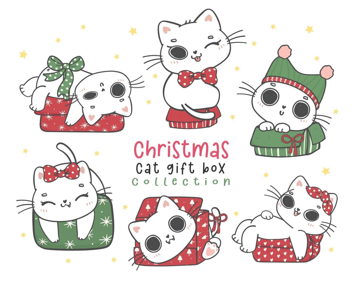 lindo gatito travieso blanco navidad en colección de cajas de regalo, miauy navidad, adorable animal de dibujos animados alegre dibujo a mano alzada vector