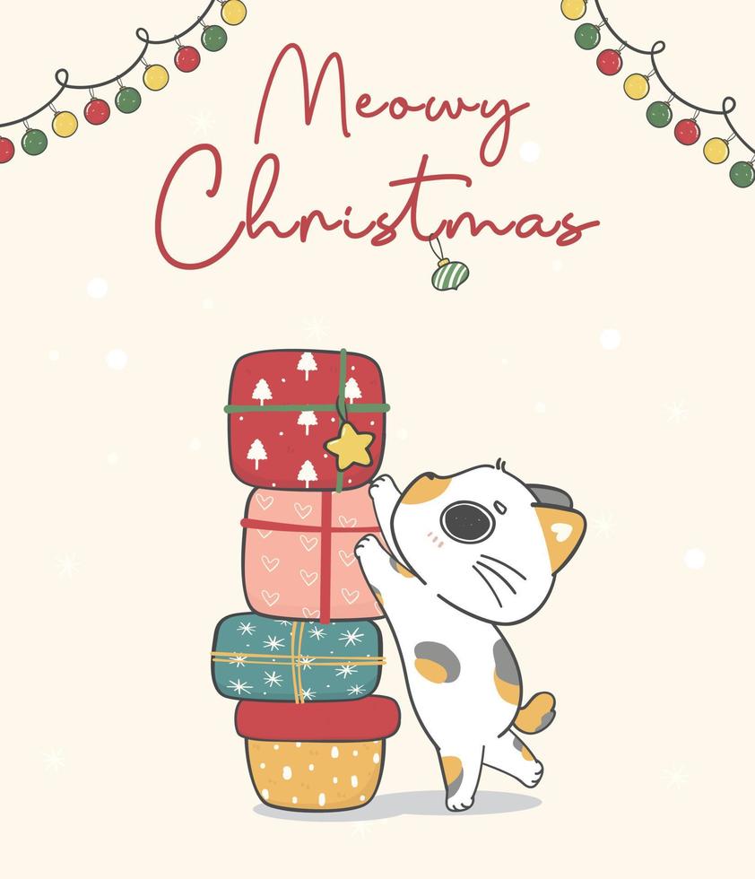lindo gatito calico travieso que llega a la caja de regalo, miauy navidad, personaje animal de dibujos animados dibujo a mano doodle vector idea para tarjeta de felicitación