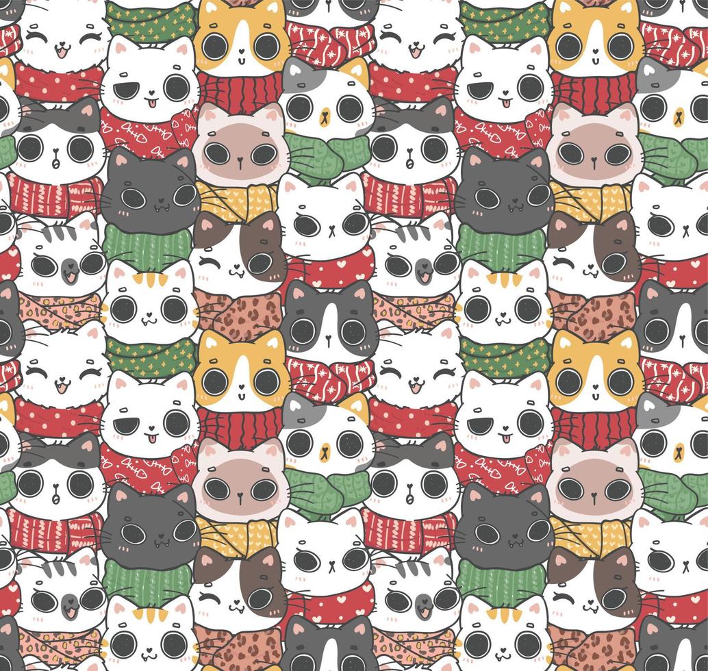 cute background pattern seamless doodle winter scarf kitten cat doodle cartoon clip art collection, illustration vector animal hand drawing