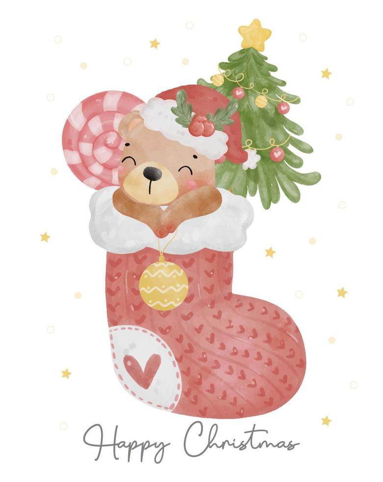 lindo oso de peluche en calcetín de Navidad con pino y caramelo, vector de ilustración de acuarela animal de Navidad