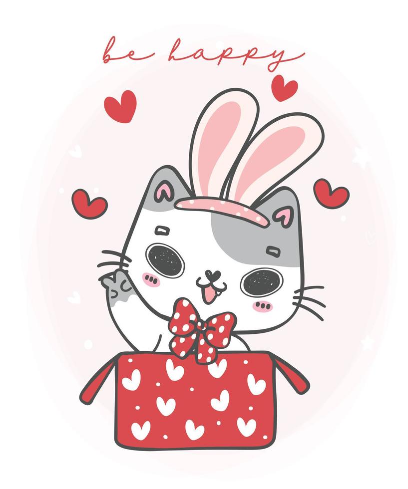 cute bunny ears kitten cat with cheer paw gesture animal cartoon doodle hand drawing vector