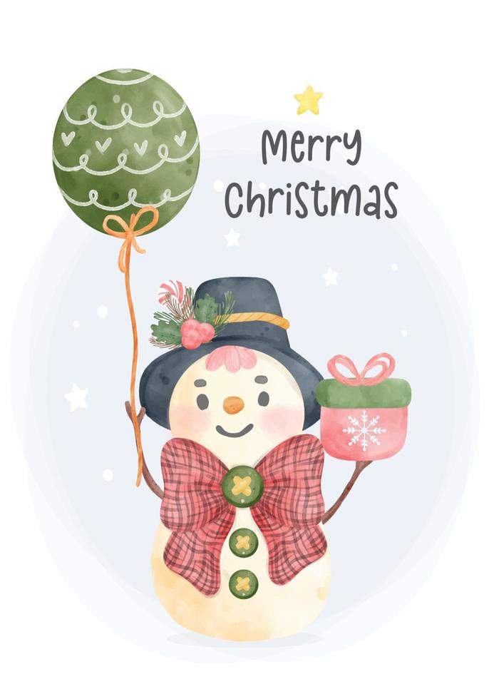 watercolor christmas snowman with balloon and gift, cartoon character hand drawing illustration vector