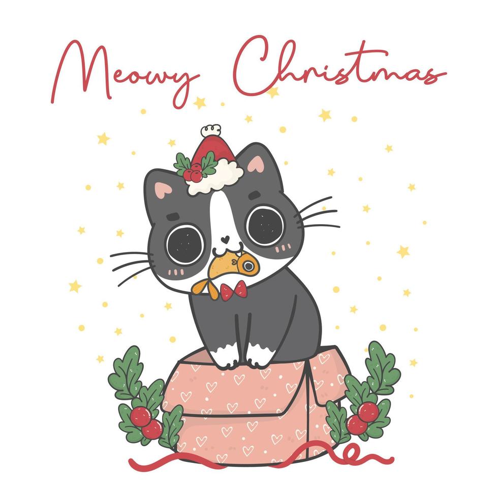 lindo gato gatito blanco con regalo de navidad pez de regalo de pie en caja de regalo rosa, miauy navidad, adorable animal de dibujos animados alegre vector de dibujo a mano alzada