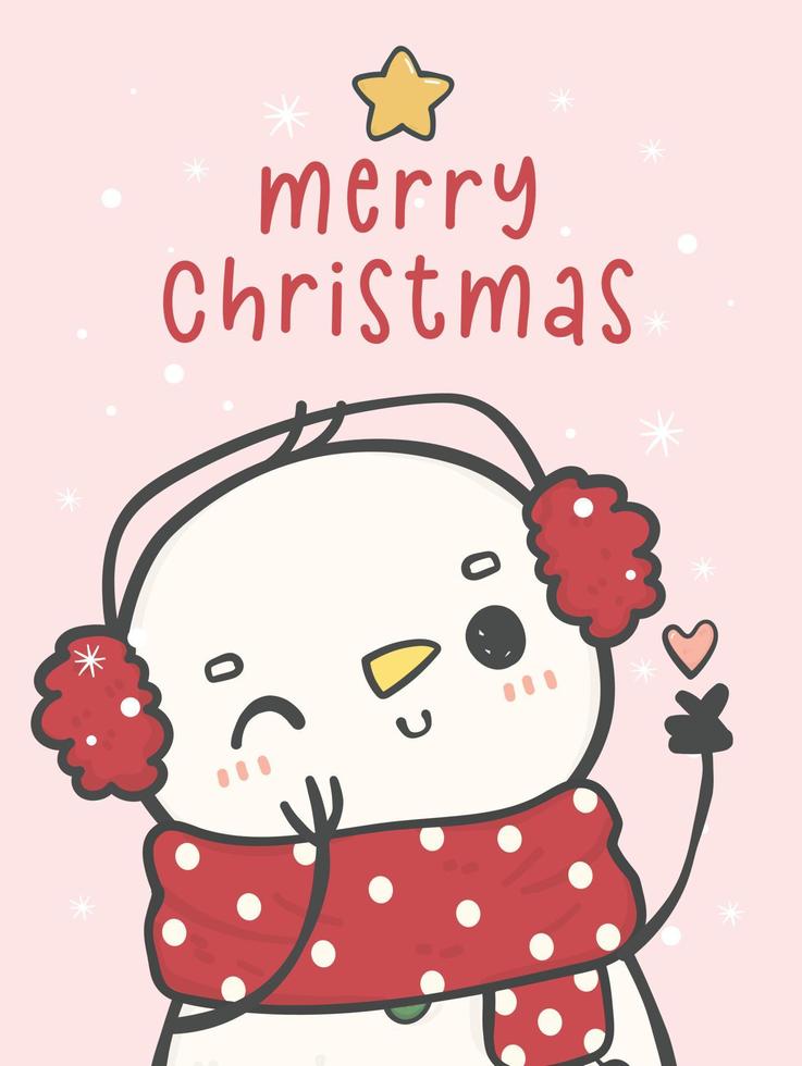 kawaii white adorable snowman with scarf with snowfall in background, Merry Christmas greeting card printable, cartoon doodle hand drawing vector