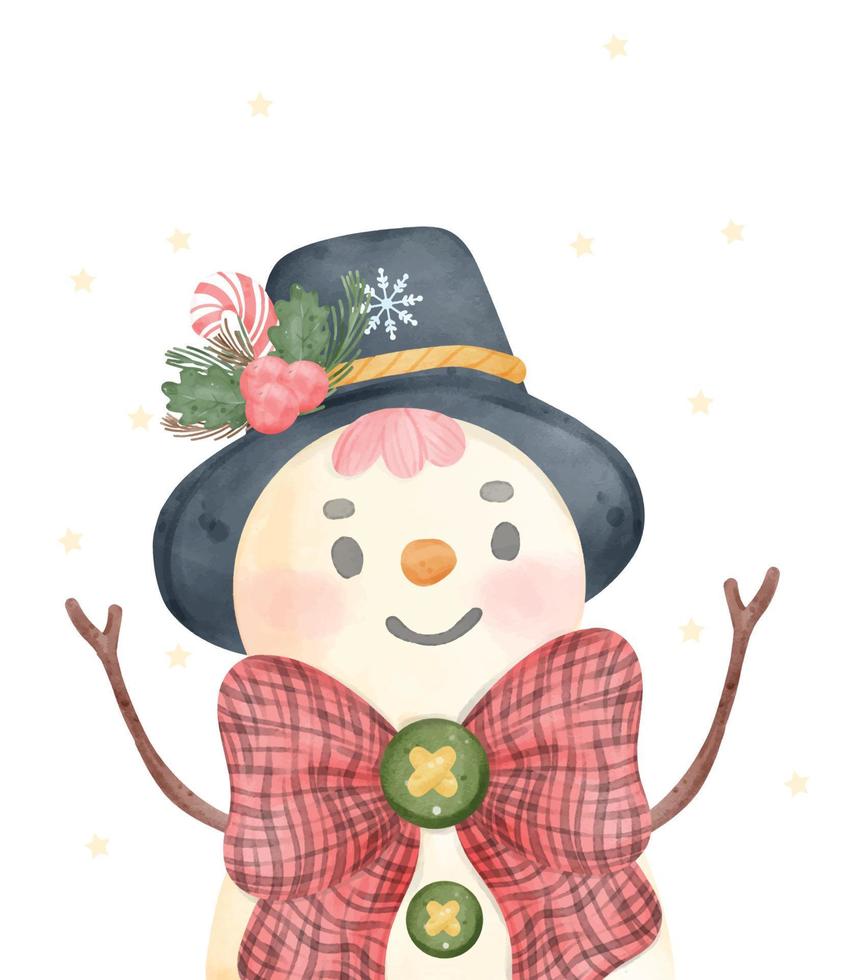 lindo navidad muñeco de nieve personaje tarjeta de felicitación acuarela dibujos animados pintura a mano ilustración vector