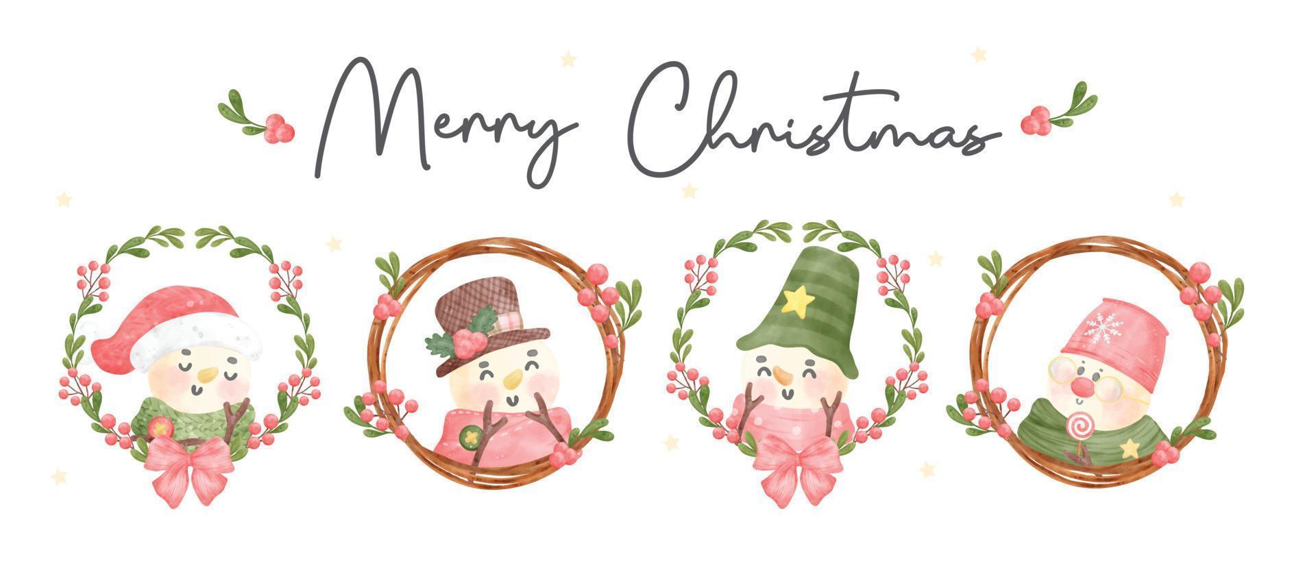 grupo de 4 lindo personaje de muñeco de nieve de navidad en conjunto de corona banner acuarela dibujos animados pintura a mano ilustración vector