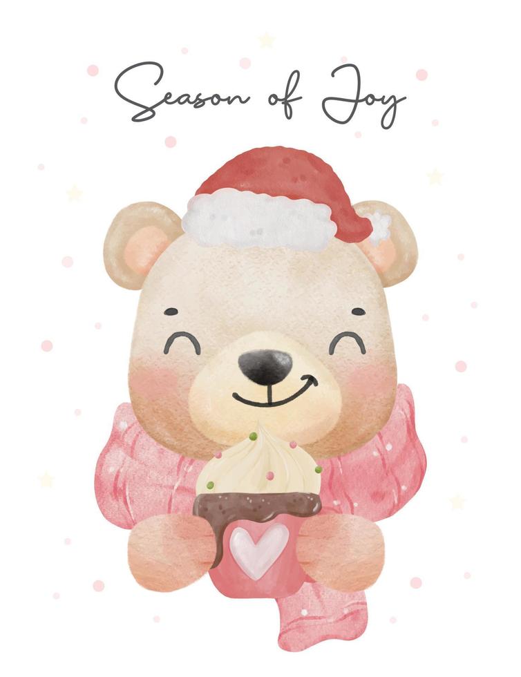 lindo oso de peluche sosteniendo una taza rosa de crema batida con bufanda y sombrero de santa, oso de navidad, feliz temporada, ilustración de dibujos animados de animales dibujo a mano vector