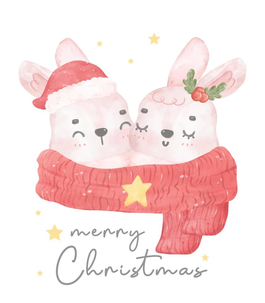 cute couple pink bunny hug each other in cozy red scarf, merry christmas, cartoon drawing watercolour illustration vector isolated on white background