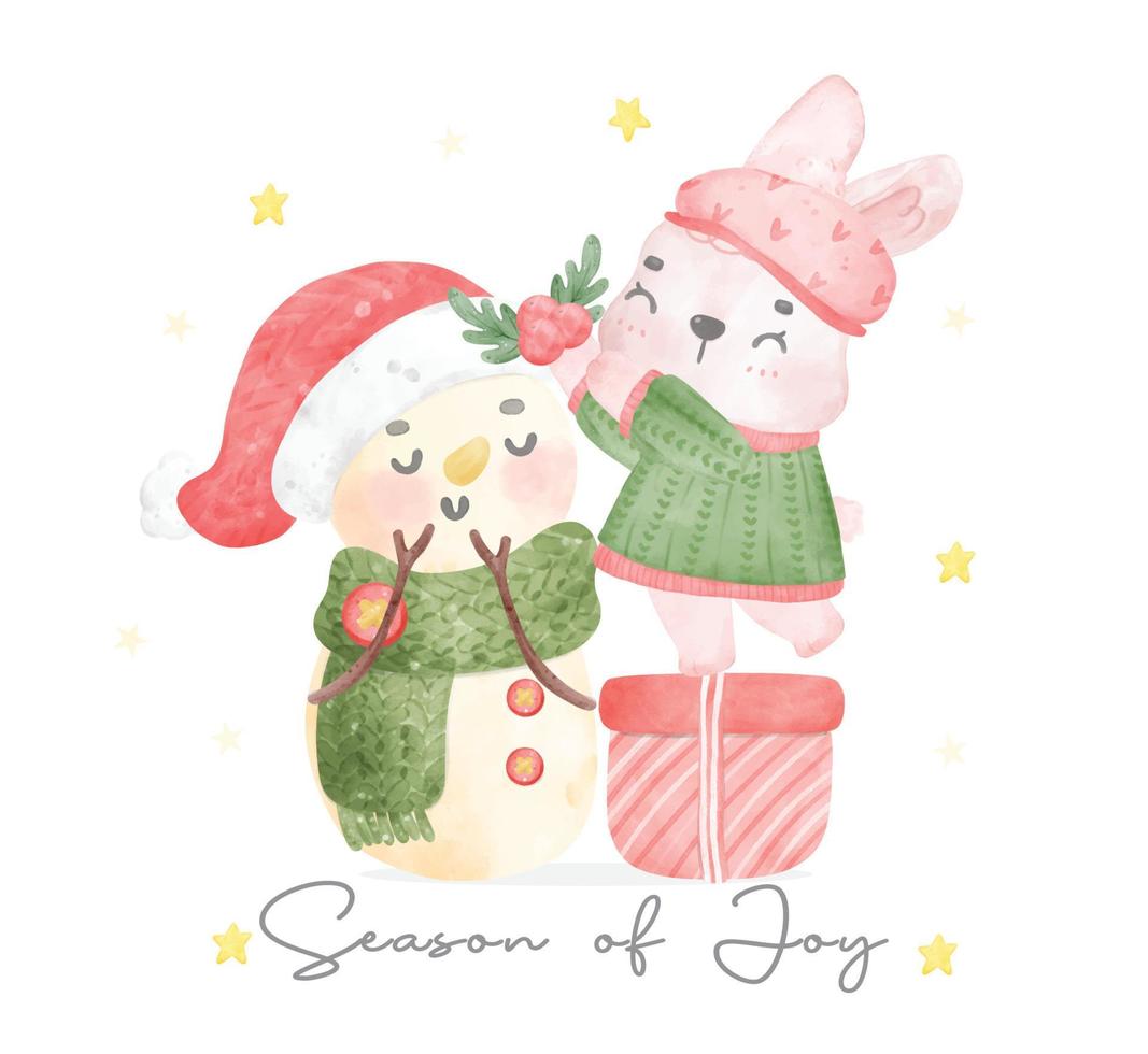 cute Merry Christmas Bunny rabbit with snowman friend cartoon watercolour hand painting illustration vector idea for greeting card