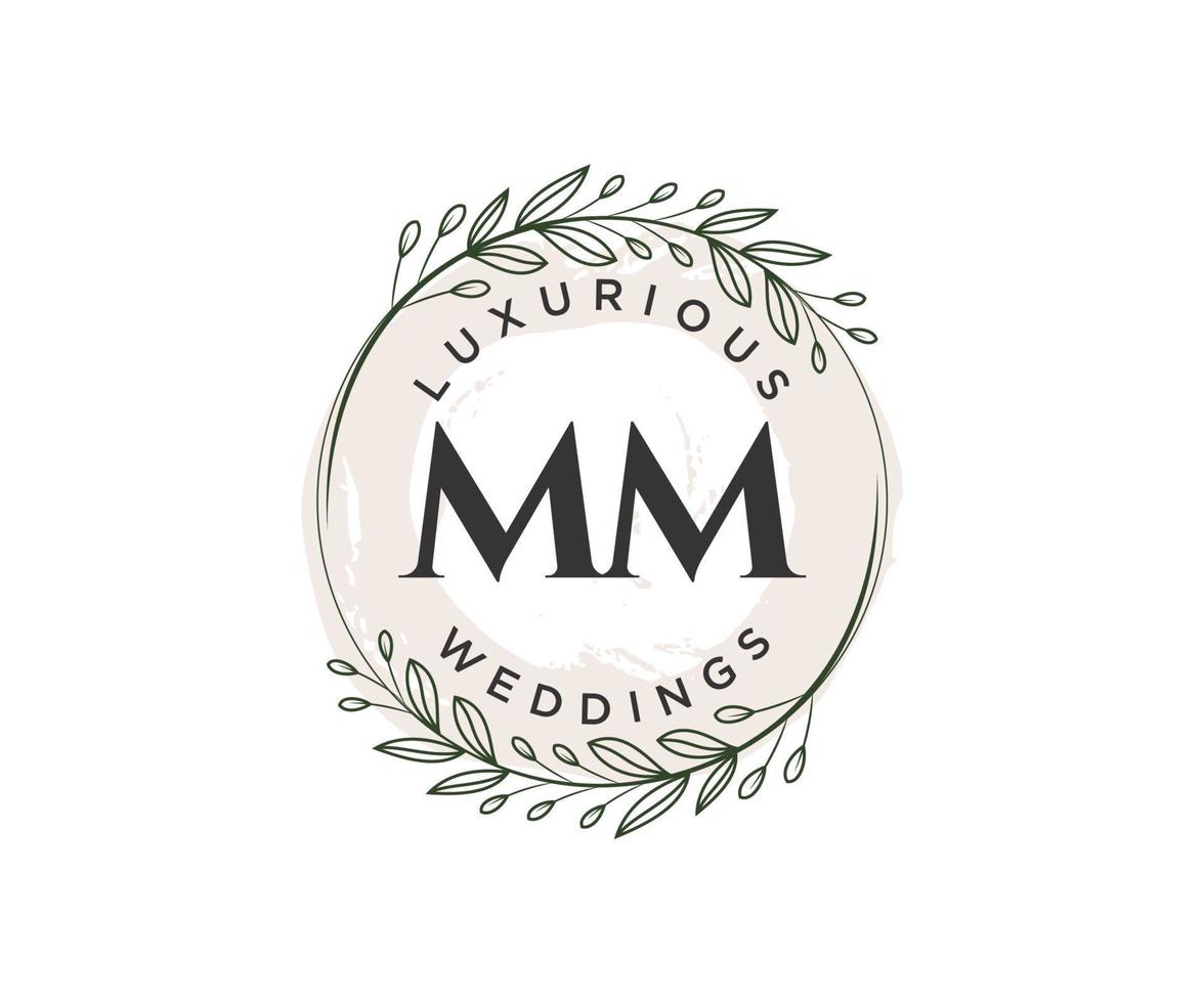 Plantilla de logotipos de monograma de boda con letras iniciales mm, plantillas florales y minimalistas modernas dibujadas a mano para tarjetas de invitación, guardar la fecha, identidad elegante. vector