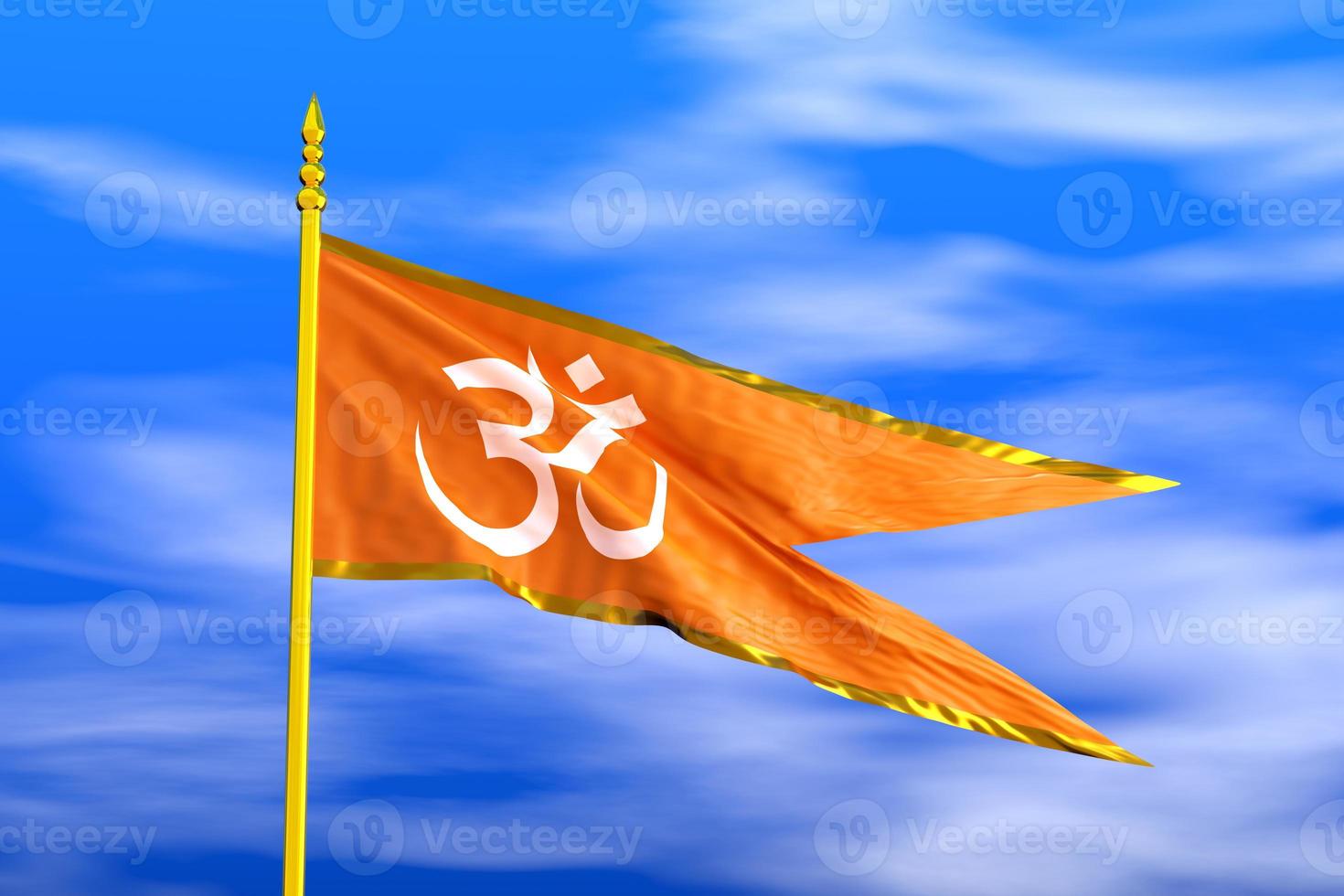 Religious Hindu Om Aum Flag during Daylight and beautiful sky - 3D Illustration Rendering photo