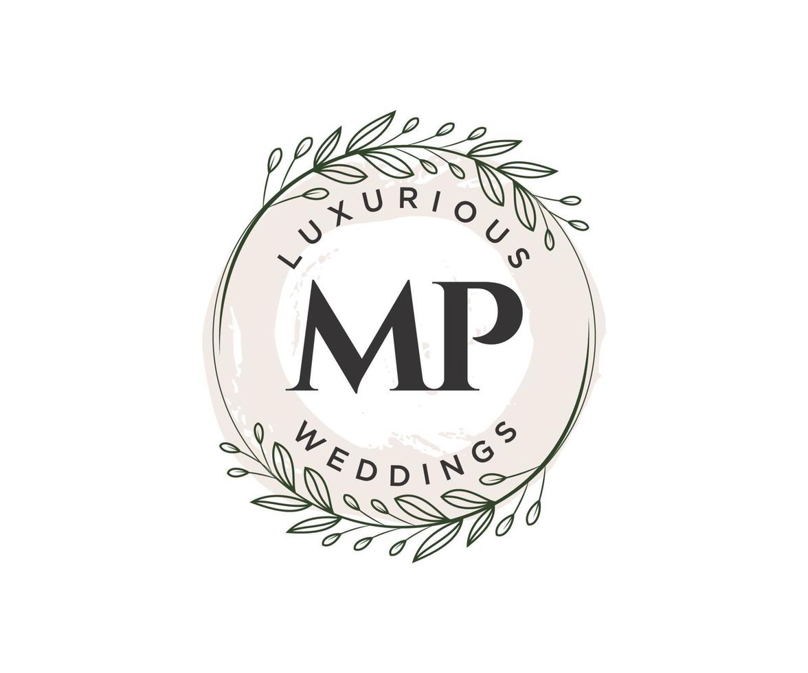 plantilla de logotipos de monograma de boda con letras iniciales de mp, plantillas florales y minimalistas modernas dibujadas a mano para tarjetas de invitación, guardar la fecha, identidad elegante. vector