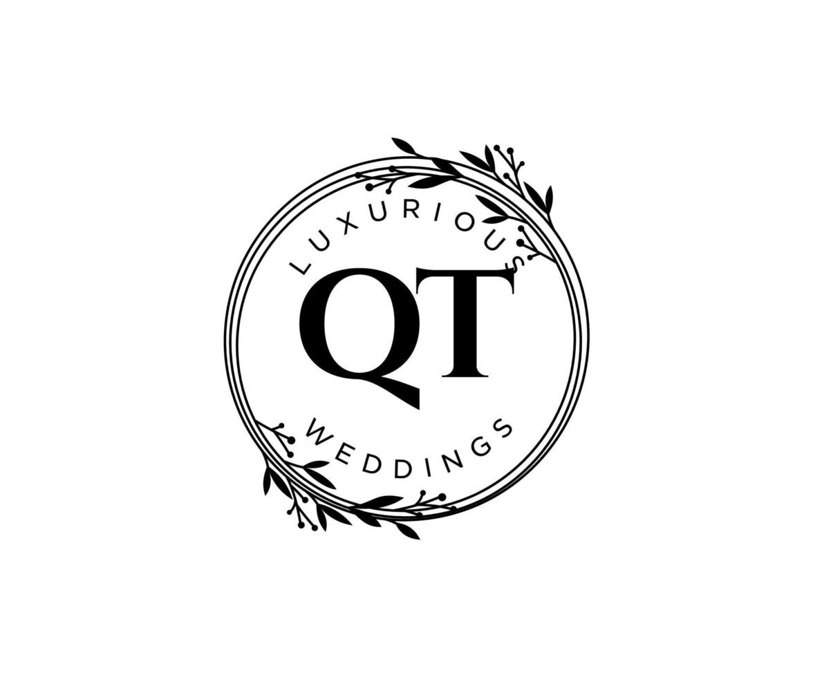QT Initials letter Wedding monogram logos template, hand drawn modern minimalistic and floral templates for Invitation cards, Save the Date, elegant identity. vector