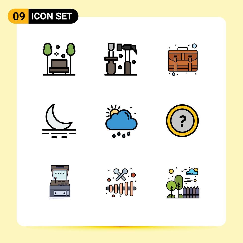 User Interface Pack of 9 Basic Filledline Flat Colors of cloud moon tools fog suitcase Editable Vector Design Elements