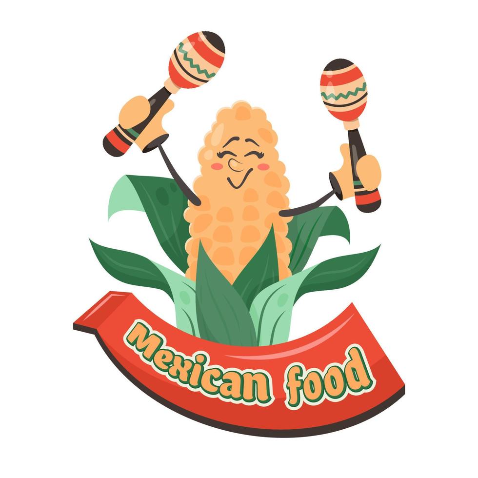 Cartoon comic character corn with maracas. Mexican food text on frame. Doodle drawn vector illustration for dishes, menu, poster, flyer, banner, delivery, cooking concept