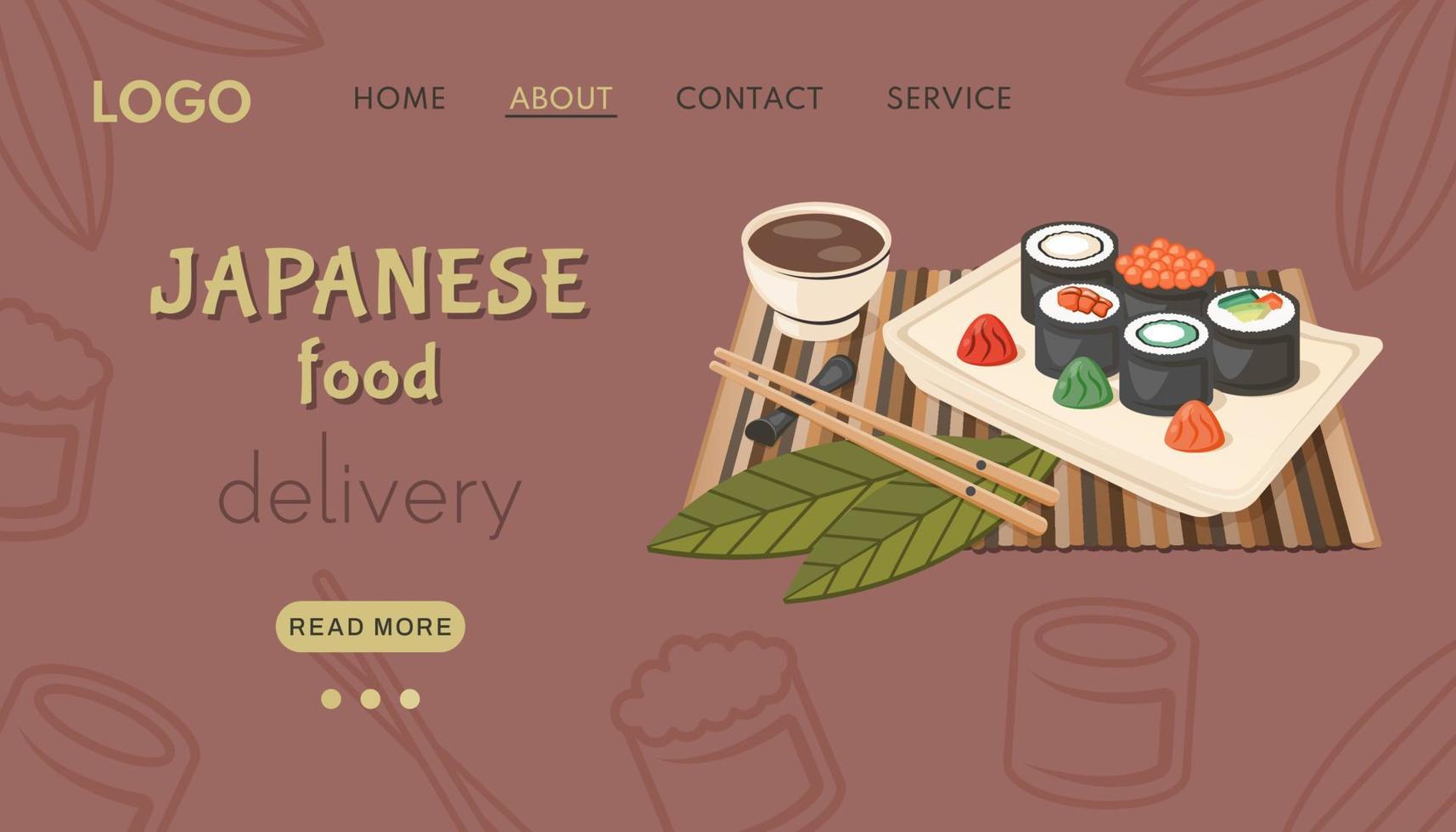 Japanese food delivery. Asian banner. National dish closeup with kawaii nigiri sushi, chopsticks, sauce, vassabi. Vector background with silhouette of sushi maki for oriental menu, cooking concept