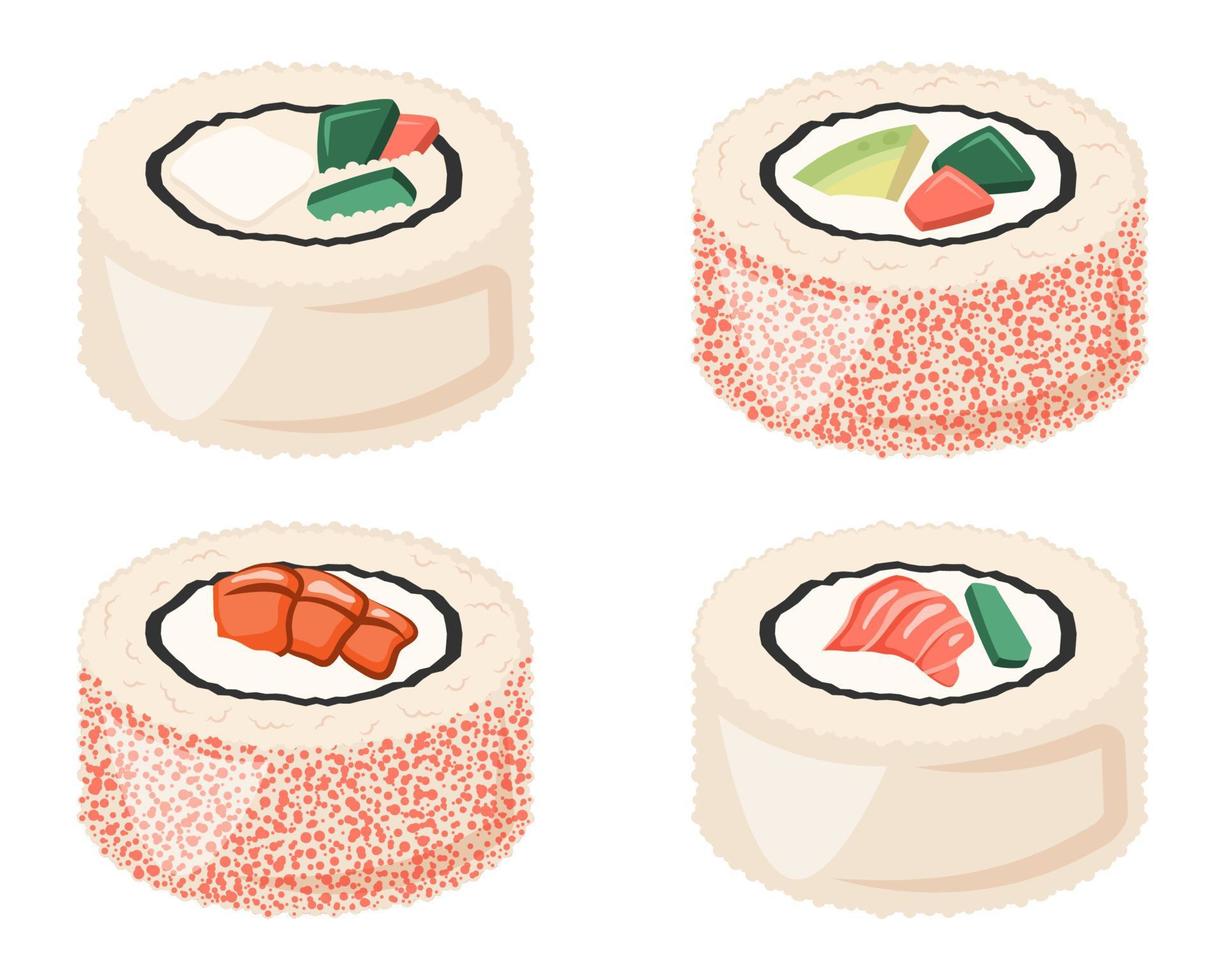 Set of Japanese sushi rolls, nigiri sushi sashimi with seafood, vegetables, rice. Asian dish. Traditional food closeup. Vector flat illustration for menu, poster, flyer, banner, cooking concept