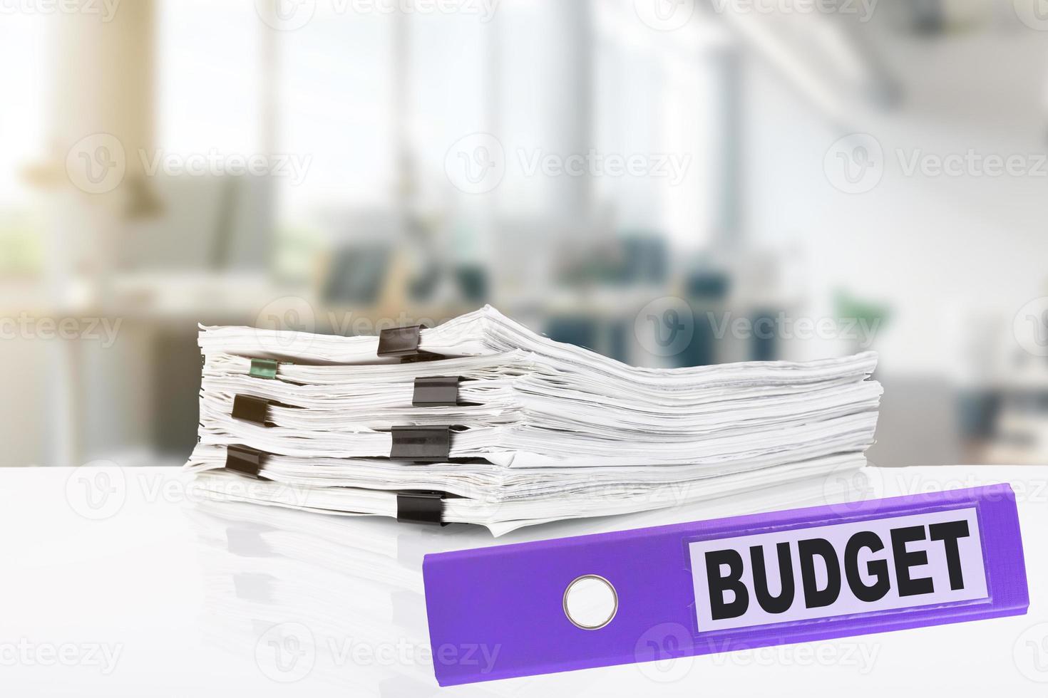 Budget. Business office with office folders and stacks of papers on the desk. photo