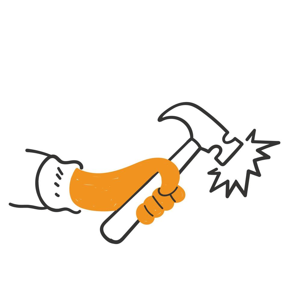 hand drawn doodle person holding and hitting with a hammer illustration vector