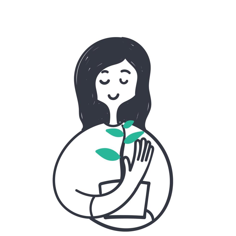 dibujado a mano doodle mujer sosteniendo una planta en una maceta ilustración vector