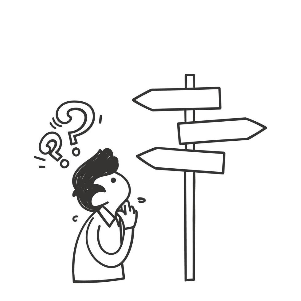 hand drawn doodle person confused by the signpost illustration vector