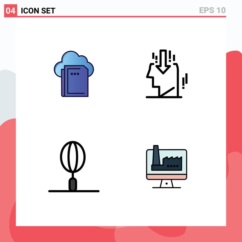 grupo de 4 signos y símbolos de colores planos de línea rellena para elementos de diseño de vectores editables de cocina de opinión de computación de comida rápida en la nube