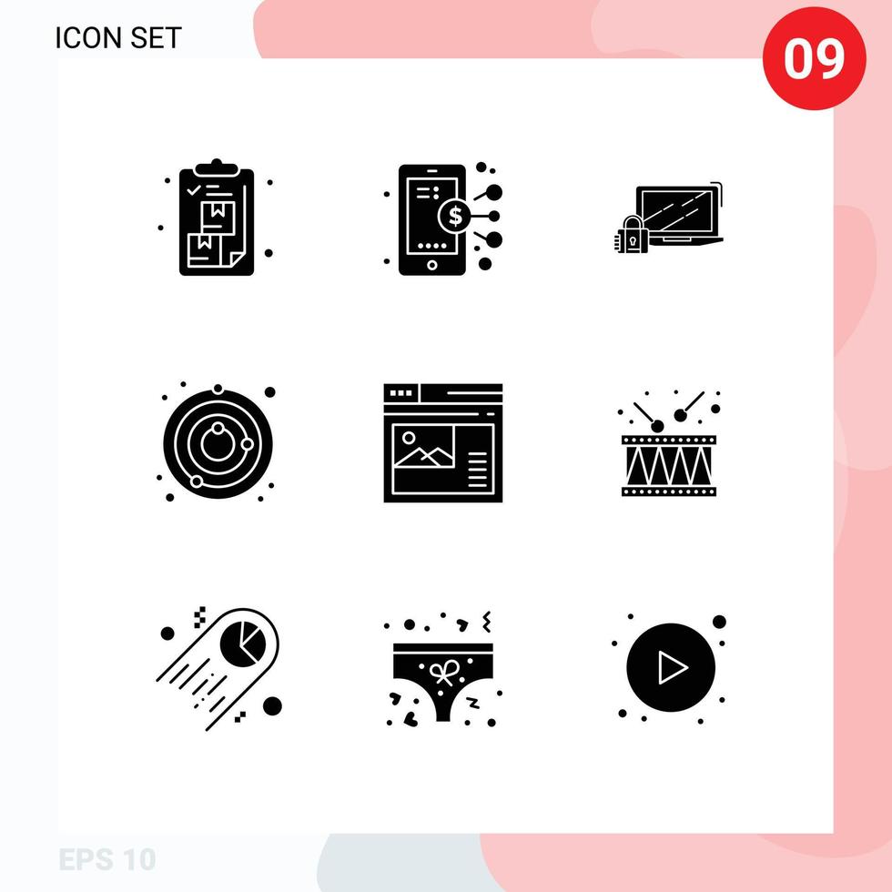 9 Thematic Vector Solid Glyphs and Editable Symbols of universe satellite share circle lock Editable Vector Design Elements