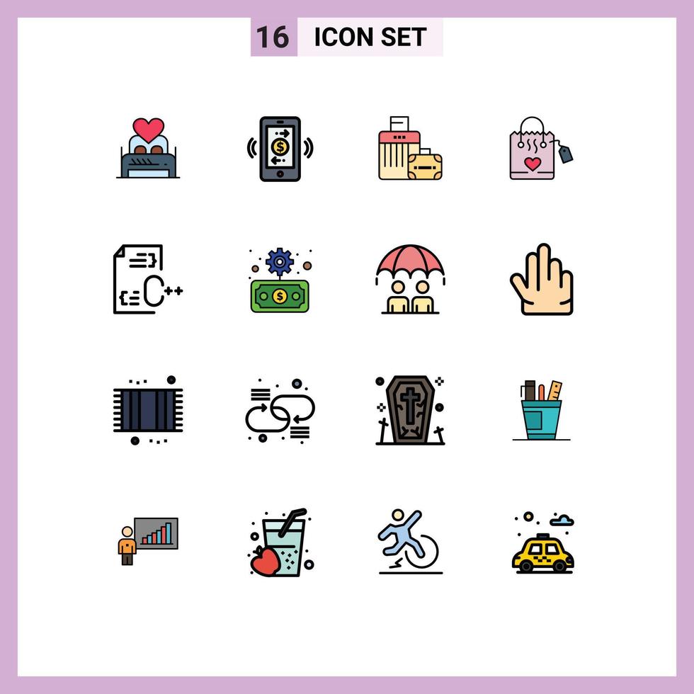 Set of 16 Commercial Flat Color Filled Lines pack for wedding love internet of things hangbag handbag Editable Creative Vector Design Elements