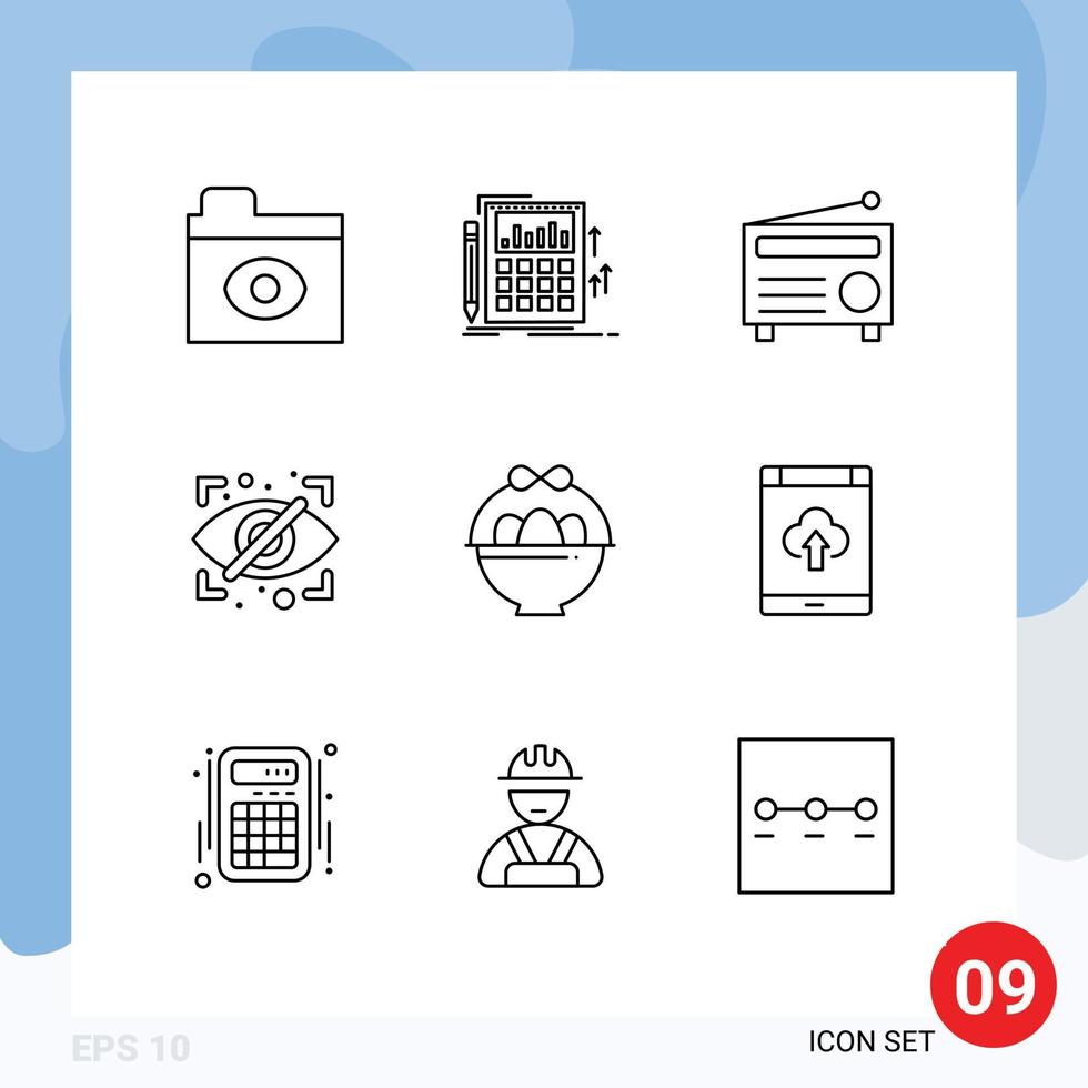 Mobile Interface Outline Set of 9 Pictograms of egg security radio private block Editable Vector Design Elements