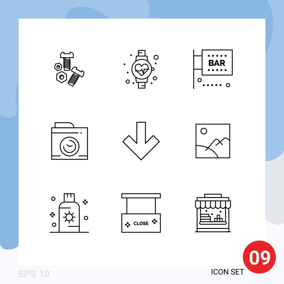Pack of 9 creative Outlines of back arrow food and drink big think camera Editable Vector Design Elements