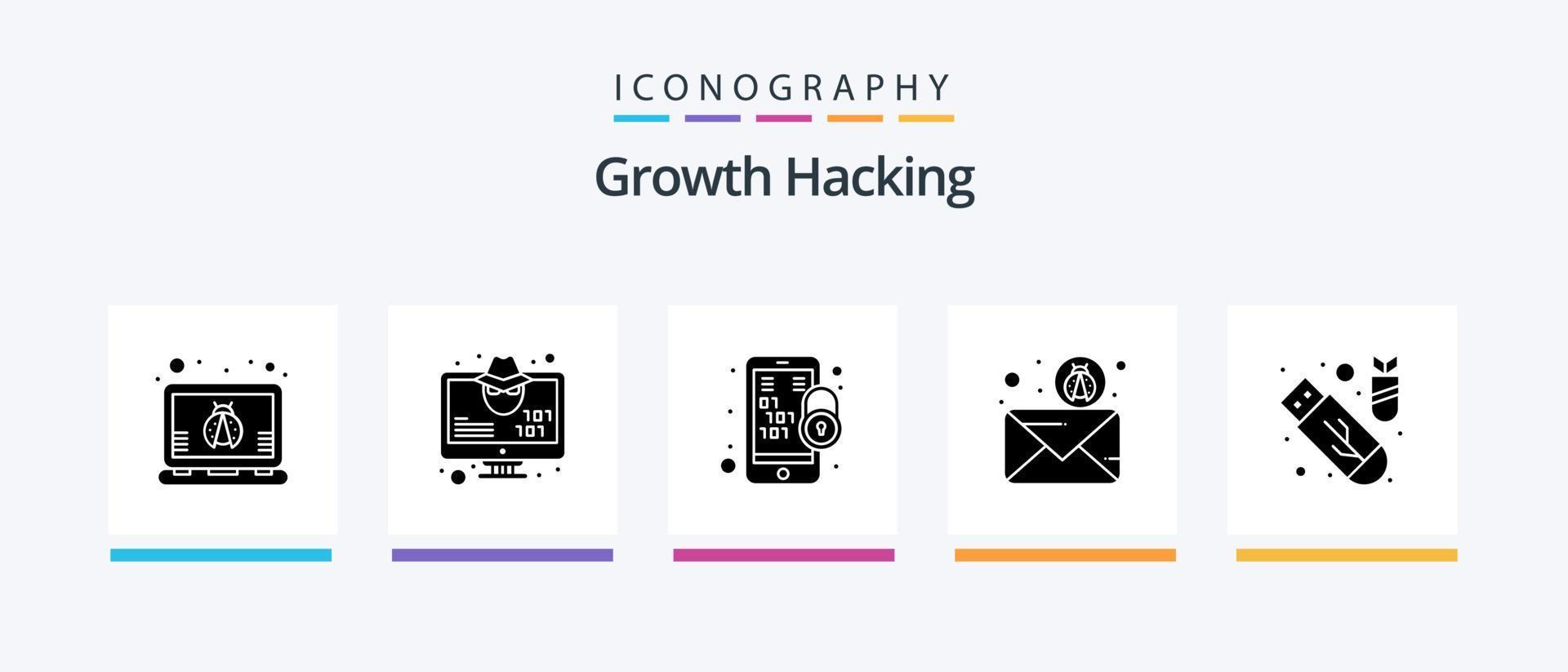 Hacking Glyph 5 Icon Pack Including attack. virus. encryption. spam. forward. Creative Icons Design vector