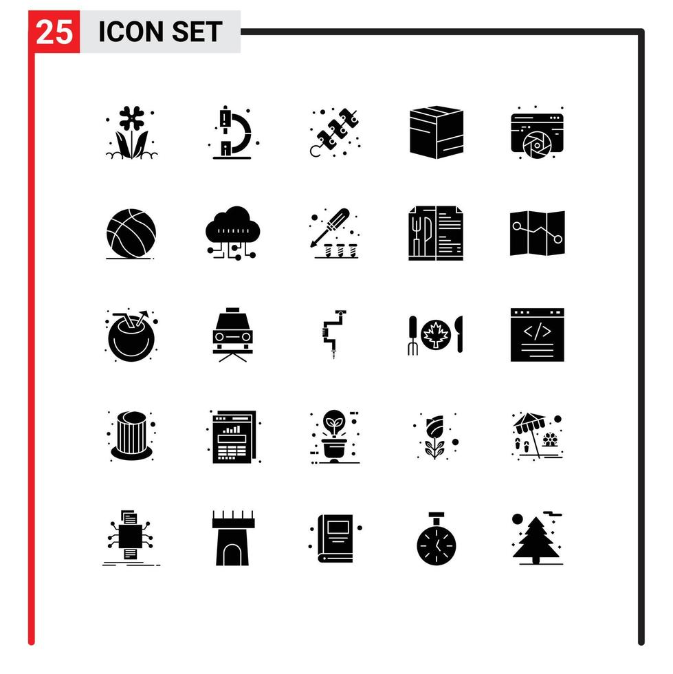 conjunto moderno de 25 pictogramas de glifos sólidos de elementos de diseño de vectores editables de carne de caja de laboratorio de comercio electrónico