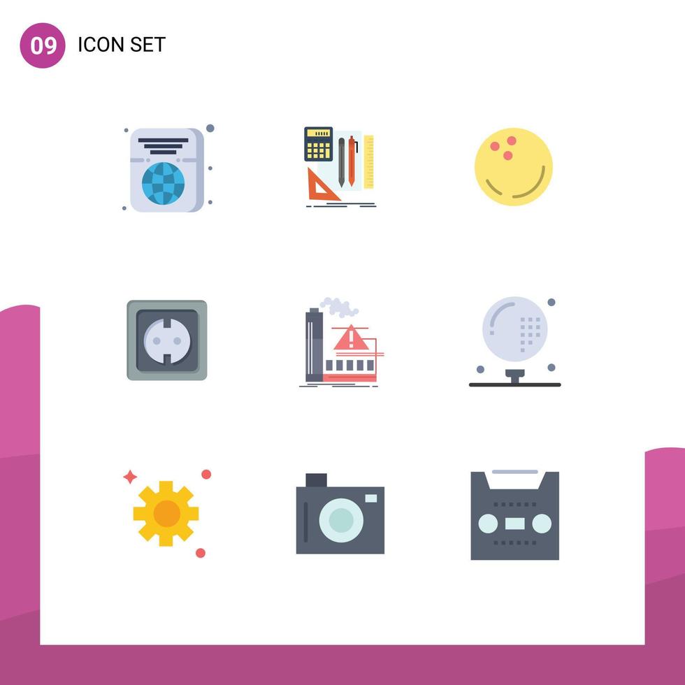 Pictogram Set of 9 Simple Flat Colors of pollution power supply ball plug electrical Editable Vector Design Elements