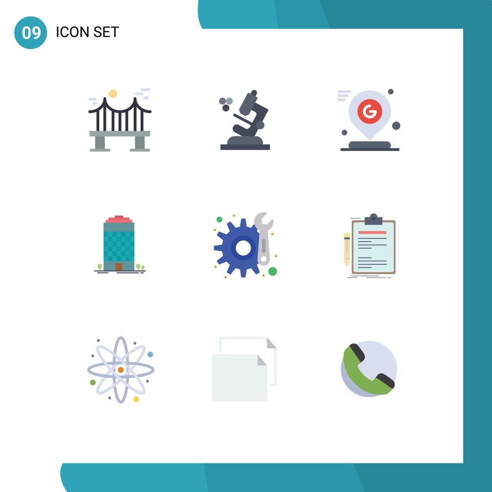 paquete de 9 signos y símbolos modernos de colores planos para medios de impresión web, como elementos de diseño de vectores editables de Google Office Mark Gear Tower